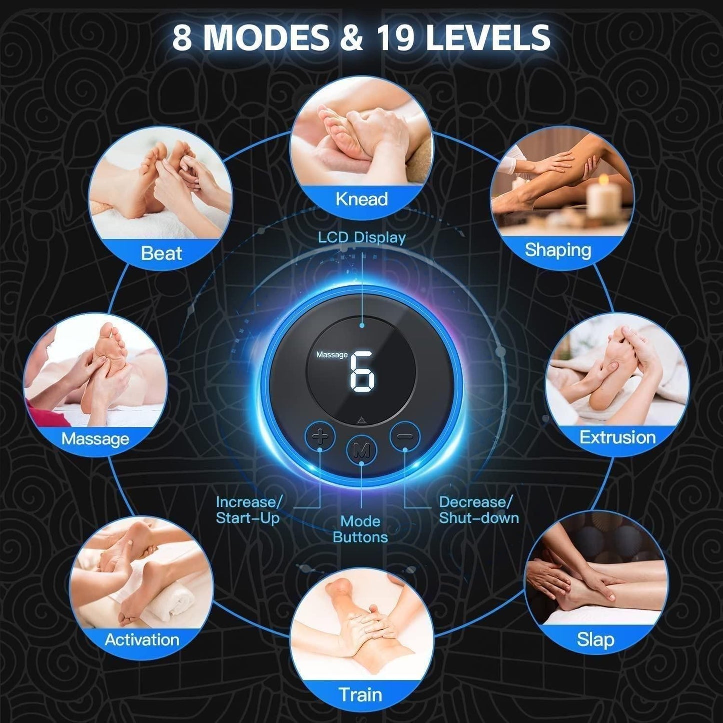 EMS Foot Massager Pad, Muscle Stimulator, Blood Circulation, Electric Foot Cushion, 8 Modes, 19 Intensities, Bioelectric Massage, Folding Portable Mat, USB Charging